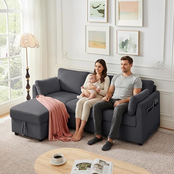 79" L Shaped Couch with Storage Ottoman, 3 Seater Corduroy Sofa with 2 Pillows and Storage Pockets, Convertible Small Couches for Living Room, Apartment, Small Spaces, Home Office, Grey