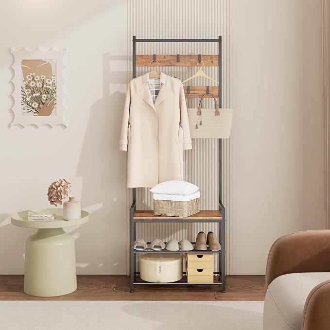 Coat Rack Hall Tree with Shoe Storage, Entryway Hall Tree Storage Bench, Wood Look Accent Furniture with Metal Frame, 3-in-1 Design, Rustic Brown - Image 2