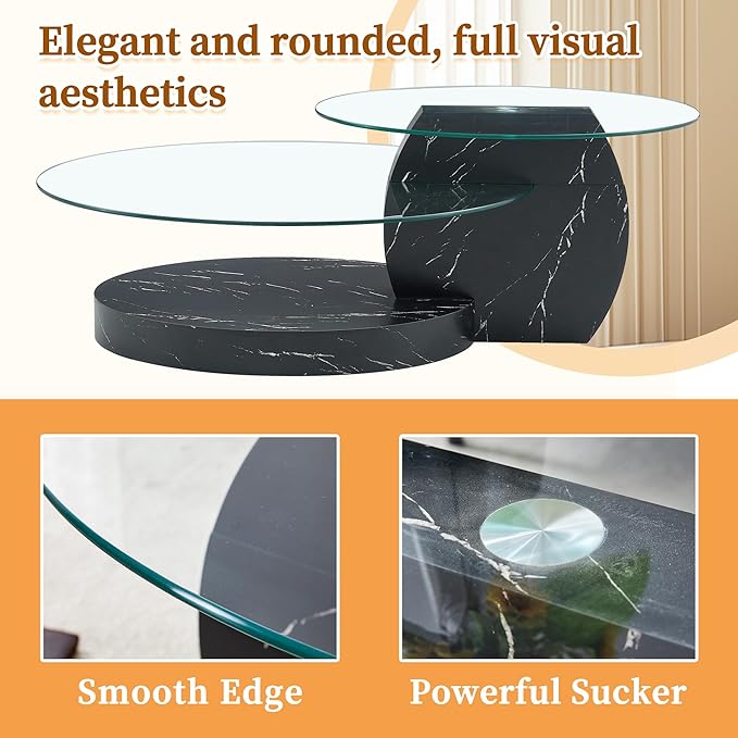 Ebullient Glass Coffee Table, 42" Round Coffee Table, 2-Tier Glass Tabletop with Black Faux Marble Pattern Base, Easy to Maintain and Assemble, Ideal for Dining Room, Living Room