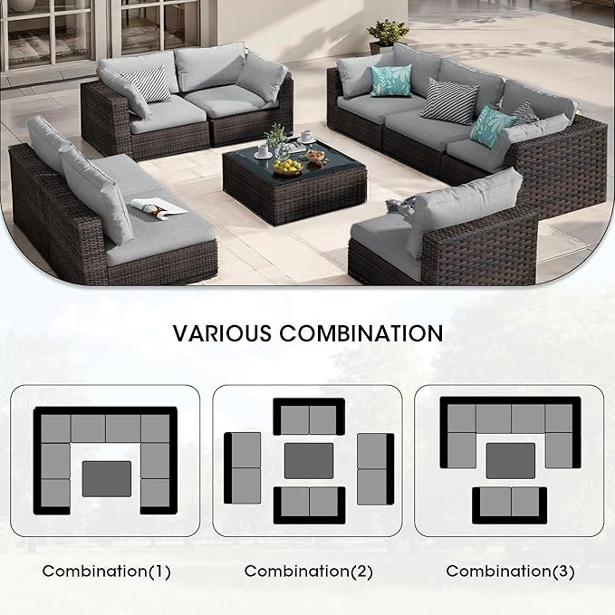 9 Piece Patio Furniture Set All Weather PE Rattan Outdoor Sectional Sofa Couch with No-Slip Cushions and Glass Top Table for Garden, Poolside, Backyard (Black)