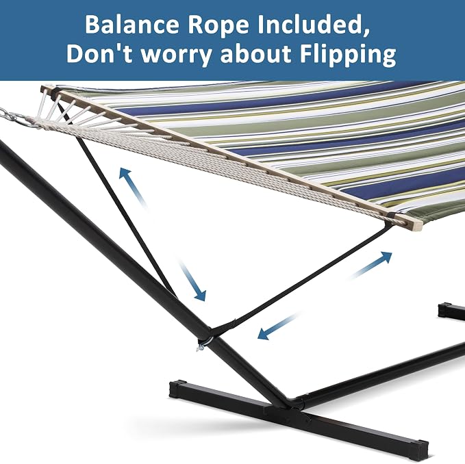 SUNCREAT Double Hammock, Extra Large Quilted Fabric Swing with Hardwood Spreader Bars & Detachable Pillow, Heavy Duty, Perfect for Indoor/Outdoor Patio, Deck, Yard, Blue&Aqua - Image 3