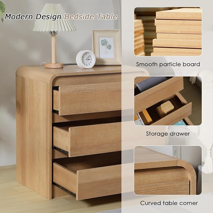 Modern Nightstands with Charging Station, Oak Night Stand with 3 Drawers, Wood End Table with Storage, 23.6'' Wide Bedside Cabinet for Bedroom - Image 3