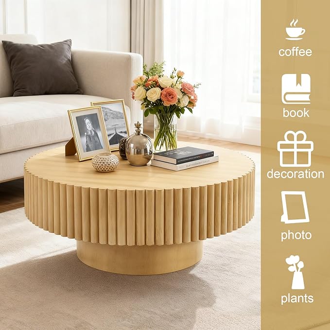 Rovibek Fluted Round Coffee Table, 31.5" Modern Wooden Coffee Table with Fluted Base, Circle Accent Center Table for Living Room Apartment Office Small Space, Easy Assembly (Natural)