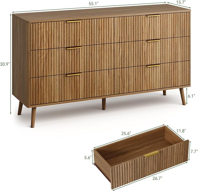 LYNSOM Fluted Dresser and Nightstand Set, 3 Pieces Bedroom Set, 55 Inch Wide 6-Drawer Dresser & 2-Drawer Nightstands Set of 2, Modern Dressers Set for Bedroom, Walnut