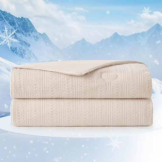 Amélie Home Waffle Cooling Comforter Twin Size, Q-Max 0.45 Reversible Lightweight Cooling Blanket for Hot Sleepers, Breathable Bedding for Night Sweats, 68"x90", Beige