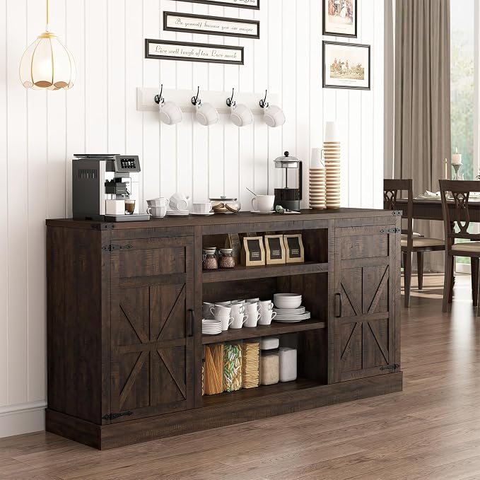Hlivelood 66" Farmhouse TV Stand with Power Outlets for 75 Inch TVs, 33" Tall Entertainment Center with Storage Cabinets w/Adjustable Shelves, Rustic Large TV Media Console for Living Room, Brown - Image 5