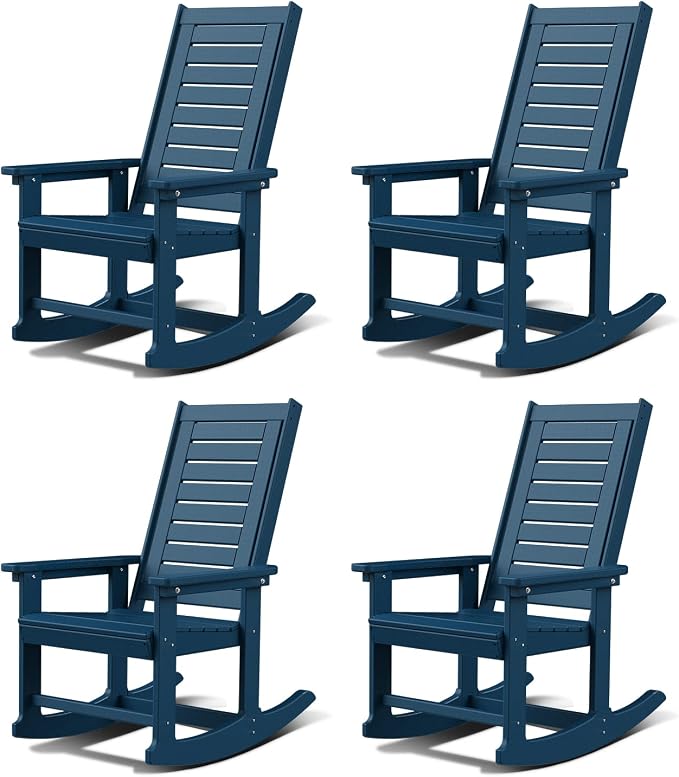 GREENVINES Outdoor Rocking Chairs | Set of 4 | Porch Rocker | HDPE Plastic | Blue | Oversized Rockers | High Back | Big & Tall | Ladder Back | for Patio Outside Backyard Balcony Garden by GreenVines