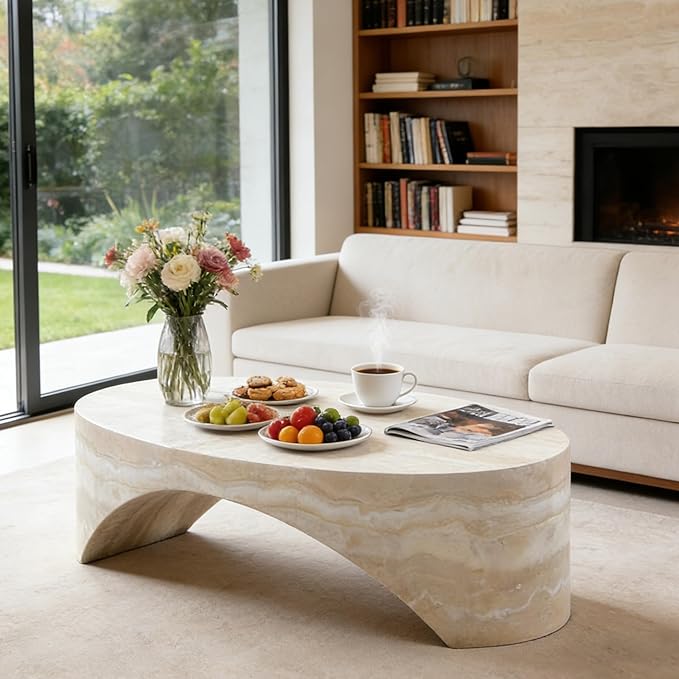 43.31" Oval Coffee Table in Faux Marble,Stylish and Modern Fiberglass Dining Table, No Assembly Modern Center Table for Living Room, Office, or Balcony.(Mars,ø43.31" x 24")