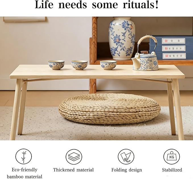 Japanese Floor Table No Assembly Required Bamboo Folding Walnut Coffee Table Bedroom Furniture Low Tea Table for Sitting on The Floor (Natural Wood, Large)