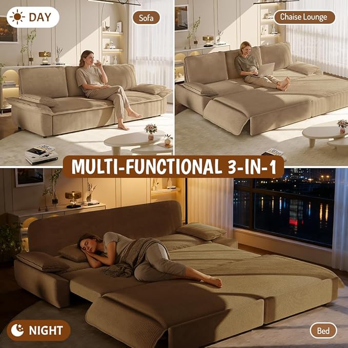 KEIKI 94.5'' King Sleeper Sofa Bed, Space-Saving 3-in-1 Pull Out Futon Couch, Modern Corduroy Loveseat Sofa with Reclining Back, Ideal for Apartment, Studio, Small Spaces
