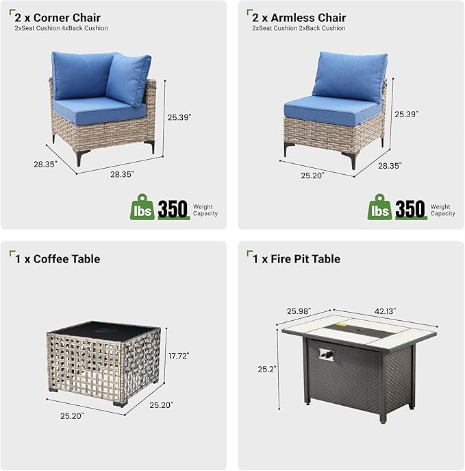 6 Pcs Patio Furniture with Fire Pit Table, Outdoor Rattan Wicker Conversation Set with Glowing Coffee Table, Comfy Sectional Sofa for Porch Balcony Backyard Pool, Light Blue