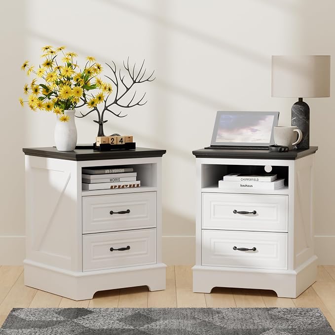 Farmhouse Night Stand Set of 2,18" Nightstand with Charging Station, End Table with 2 Drawers Storage Cabinet Bedside Cabinet for Sitting Room and Bedroom,Wood Rustic by Eongdn