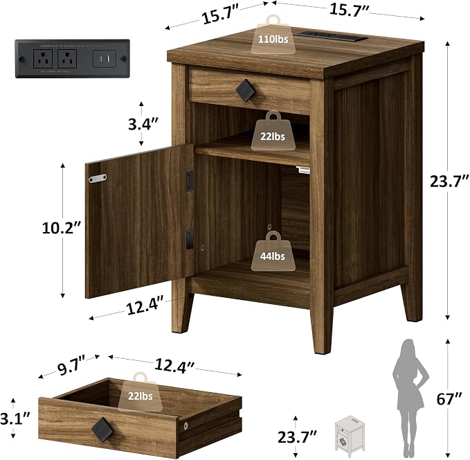Night Stand with Charging Station and Drawers for Small Space,Wood Nightstand with Storage Cabinet & Drawer & Shelf,Modern and Farmhouse Nightstand for Bedroom,Walnut - Image 2
