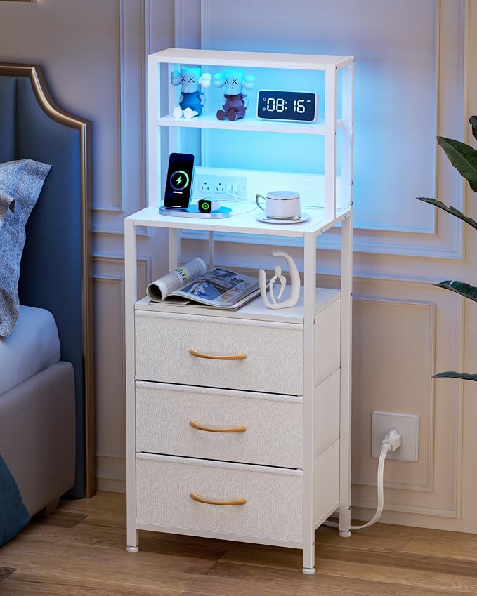 Furnulem Night Stand, White Bedside Nightstand with 4-Tier Shelves and 3 Fabric Drawers, LED Bed Side Tables with Charging Station, Tall Dresser for Bedroom, Hallway, Office - Image 6