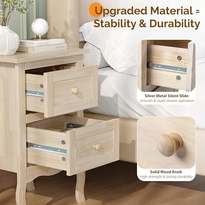 VINGLI Nightstands Set of 2, Unfinished Solid Wood Nightstand Color DIY, Small Nightstand for Bedroom, Natural Wood Night Stand with Drawers, Light Wood Night Stands, Real Wooden Bedside Table - Image 5