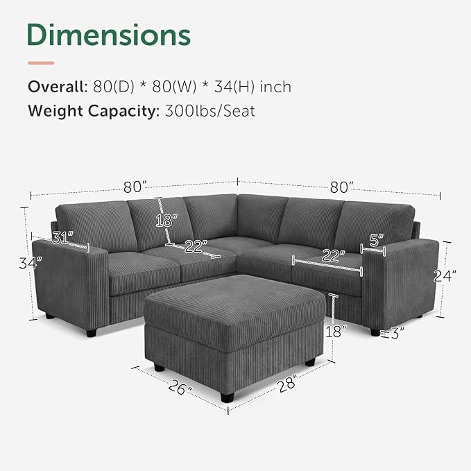 HONBAY Sectional Sofa with Storage 6 Seater L-Shaped Sectional Couches for Living Room, Grey