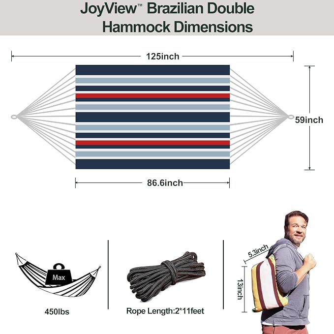 JoyView Brazilian Double Hammock with Hanging Ropes Extra Large 86.6x59” Portable Cotton Hammock for Patio Backyard Porch 450LBS Weight Capacity Perfect for Outdoor/Indoor - Black/Red Stripe - Image 2