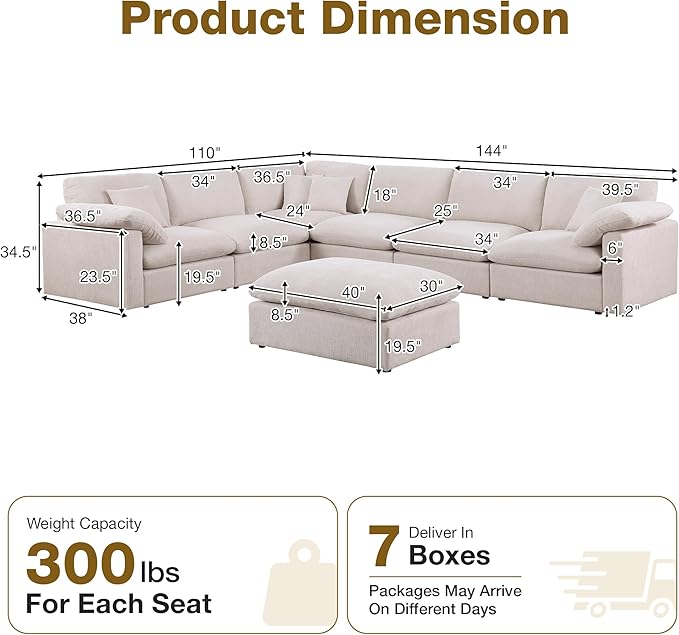 144-Inch Oversized L-Shaped Corner Sectional Cloud Sofa,Modern 7 Seat Modular Cloud Sofa Luxury Convertible Couch with 6 Pillows and Movable Ottoman for Living Room