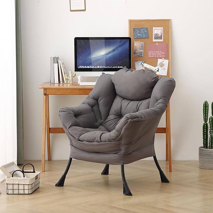 Furlide Lazy Chair for Living Room, Modern Accent Chairs with Armrests, Dark Grey Armchairs with Side Pocket, Cozy Lazy Sofa for Reading, Balcony, Bedroom, Dorm, Small Spaces