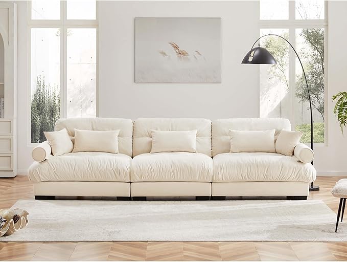KEIKI 130" Oversized Velvet Modular Sectional Sofa with High-Density Foam Cushion and Bolstered Armrests, Upholstered Modern Style 3-Seater Cloud Couch with 5 Pillow, for Apartment, Living Room, Cream