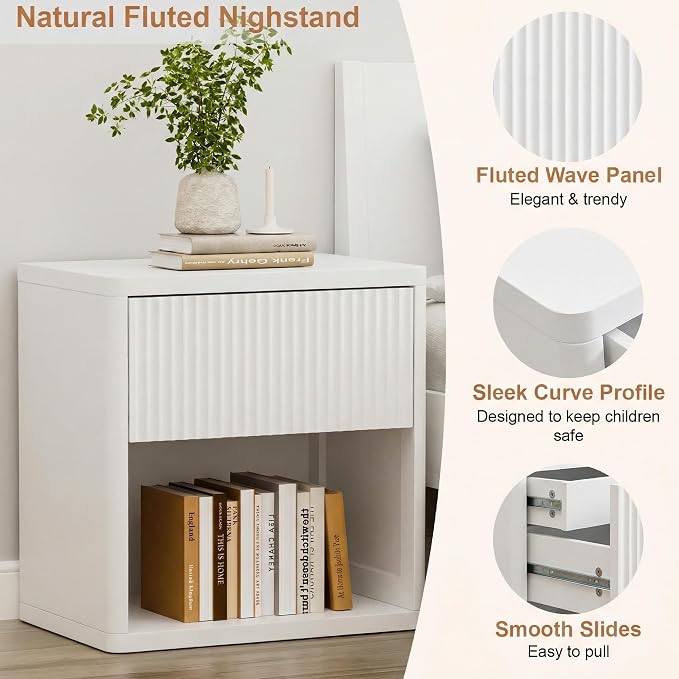 XIAO WEI Set of 2 White Fluted Nightstands with Hidden Drawer, 22.8" Wide Modern Bedside Table with Open Shelf, Large White Accent End Table, Curved Safety Profile Design - Image 5