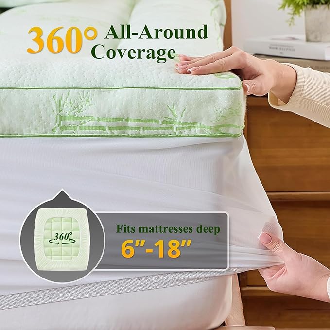 Memory Foam Mattress Topper - Viscose Made from Bamboo Pillow Top Thick Twin XL Size Mattress Pad for Back Pain, Ultra Soft & Cooling for Hot Sleepers, 6-18'' Deep Pocket, Green
