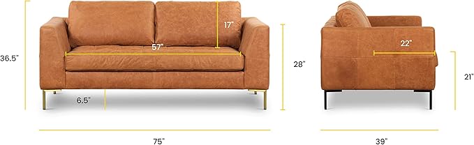 Poly & BARK Calle 75" Apartment Sofa, Full-Grain Pure-Aniline Italian Leather, Cognac Tan, Brass Legs