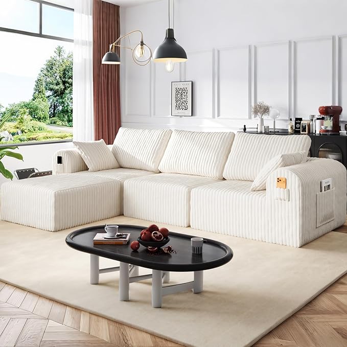 106" Boneless Couches for Living Room, Modular Sectional Sofa, L-Shape Sofa Couches,Cloud Couch Sectional, Comfy Corduroy Sofa, with Deep Seat, No Assembly Required (Beige, 3 Seater + 1 Ottoman)