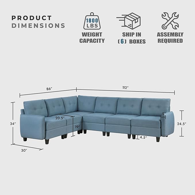 Lexicon L Shape Sectional Couch with Hidden Storage, Textured Fabric Modular Sectional Sofa with Button-Tufted Design, Reversible Back Cushion, 6 Seater Large Sofa, Blue
