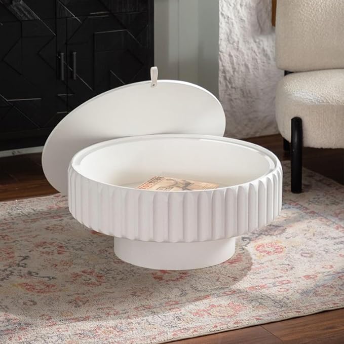 Round Coffee Table with Storage, Modern Wooden Coffee Tables Circle Center Pedestal Accent Tea Low for Living Room Apartment Small Space (31.5''L × 31.5''W × 14''H, Cream White)