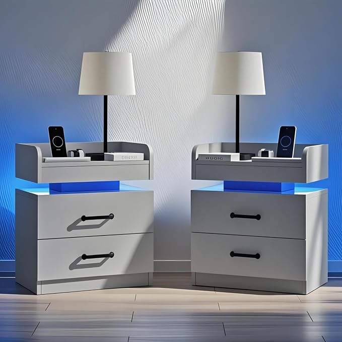 4ever2buy Grey Nightstand Set of 2 with Charging Station and LED Lights Modern Bedside Tables with 2 Drawers for Bedroom by 4ever2buy