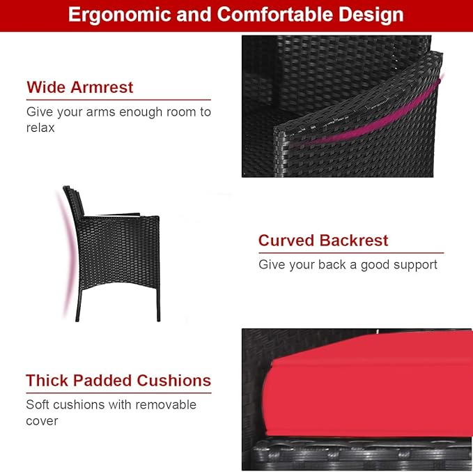 Tangkula Wicker Patio Conversation Furniture Set, Outdoor Furniture Set with Removable Cushions & Table, Tempered Glass Top, Modern Rattan Bench for Garden Lawn Backyard