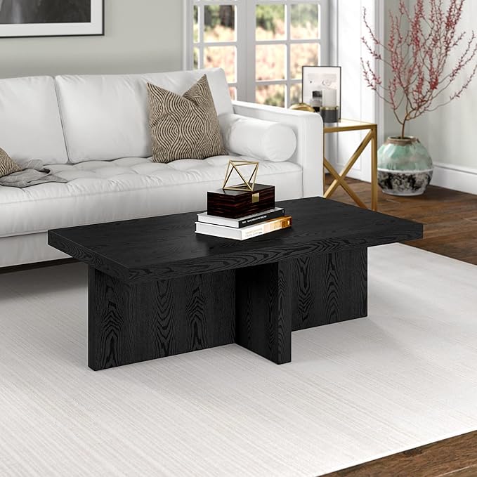 Henn&Hart 44" Rectangular Wood Pedestal Low-Profile Coffee Table for Living Room, Family Room, or Office, Natural Black