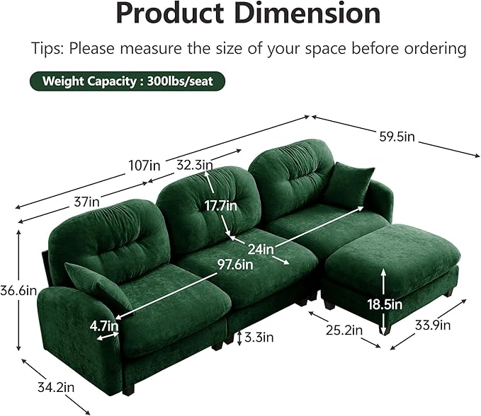 KEIKI 107" L-Shaped Oversized Chenille Modular Sectional Sofa with 1 Ottoman, High-Density Foam Cushions, Tufted Pleated Cushion Backrest, Modern 3-Seater Couch with 2 Pillow, for Living Room, Green