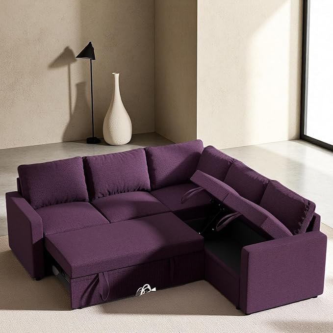 Modular Sofa Bed Couch with Storage, 82" Reversible Sleeper Sofas with Pull Out Bed, Pull Out Couch for Living Room Apartment Bedroom Office, Dark Purple
