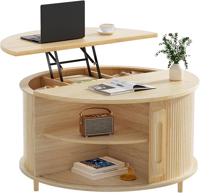 Round Lift Top Coffee Table, 31.5" Fluted Wood Accent Coffee Table with 180° Curved Sliding Door, Hidden Storage, Mid Century Modern Center Table for Living Room Office Small Spaces, Oak