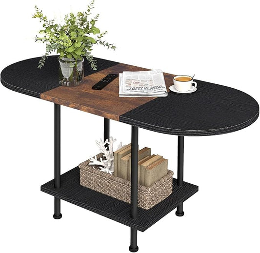 Coffee Tables, Modern Center Table with Storage Shelf, 2-Tier Table for Living Room, Modern Two-Tone Design (Mixed Black)
