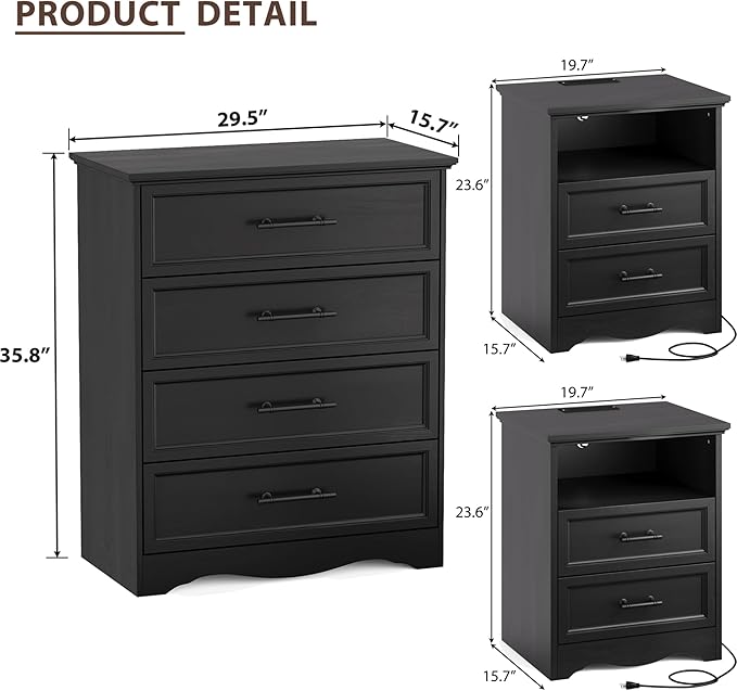 Bedroom Set, 3 Pieces Bedroom Furniture Set, Wood 4 Drawer Dresser and Nightstands with Charging Station, Farmhouse Storage Organizer Cabinet for Bedroom, Black