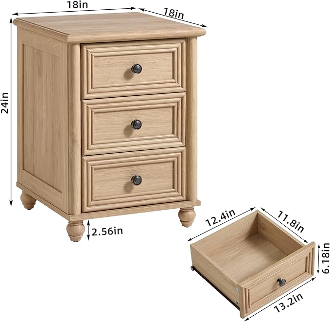 RWYHG 18" Farmhouse Night Stand, Natural Wood Nightstand with 3 Drawers, Bedside End Table with Storage and Roman Column, Bed Side Tables Cabinet for Bedroom, Living Room, and Closet - Image 2