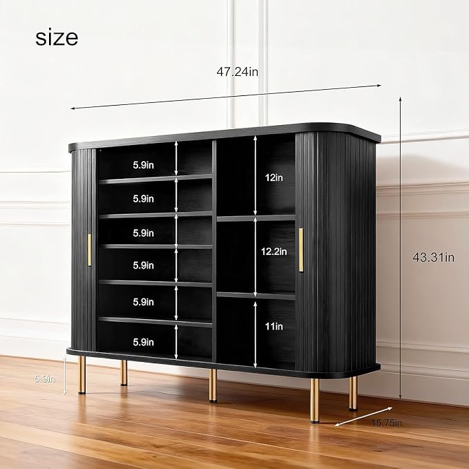 Shoe Cabinet Storage for Entryway: 6-Tier Shoe Cabinet with Adjustable Shelves & Sliding Doors, Mid-Century Modern Freestanding Shoe Storage Organizer for Entryway, Hallway, Living Room - Image 2