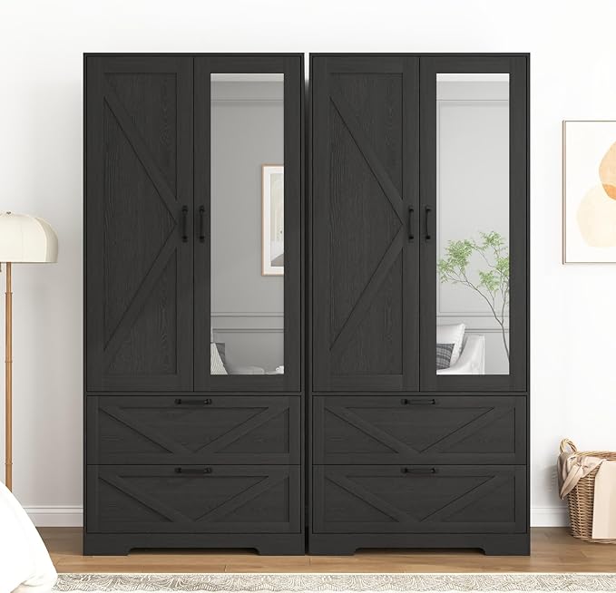 Armoire Wardrobe Closet with Mirror and 2 Drawers, 72'' Bedroom Armoire Wardrobe Cabinet with Hanging Rod and Light,Wooden Bedroom Closet with Adjustable Shelf