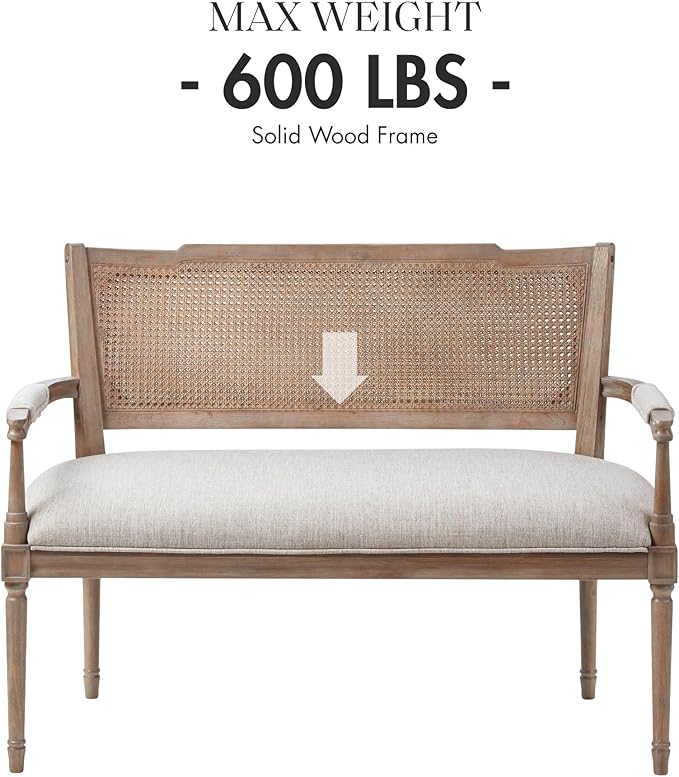 Madison Park Willshire Natural Rattan Settee, Upholstered Seat - Charming Country Design, Rustic Reclaimed Wood Finish, Ratan Insert Backrest & Padded Arm Rest, 47.25" Wide Beige/Reclaimed Natural