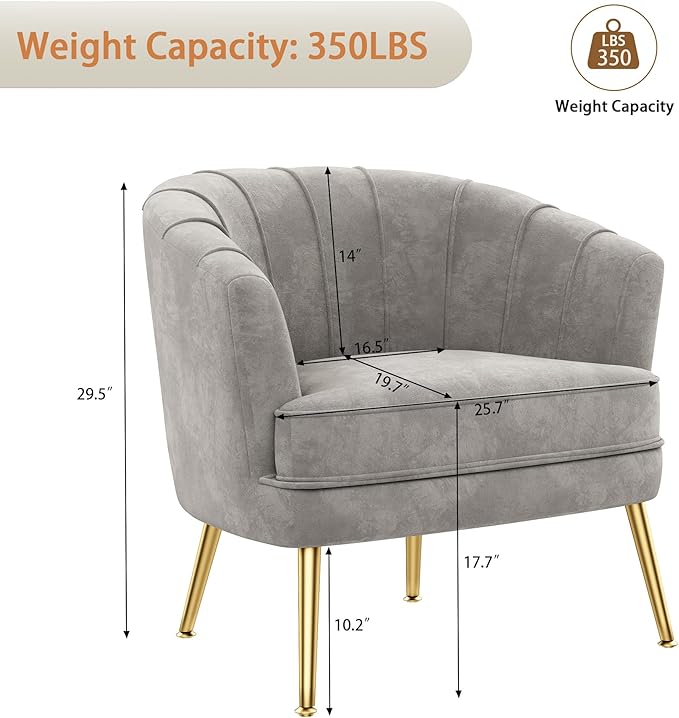 Andeworld Velvet Accent Chair Set of 2, Upholstered Modern Single Sofa Side Chair,Comfy Barrel Club Living Room Armchair with Golden Metal Legs for Bedroom Living Reading Room Office, Grey