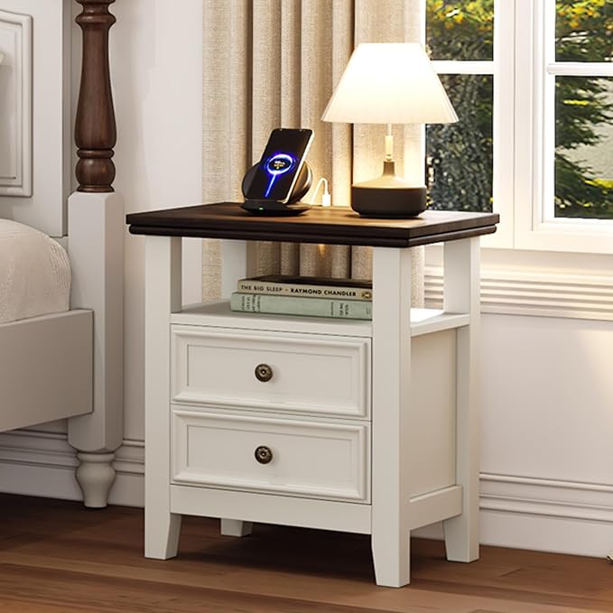 BOSHIRO Antique White Nightstand with Charge Station,Sofa End Table with 2 Drawers & Storage Shelf, Wooden Bed Side Table with USB Ports & Outlets for Bedroom,Home Office - Image 3