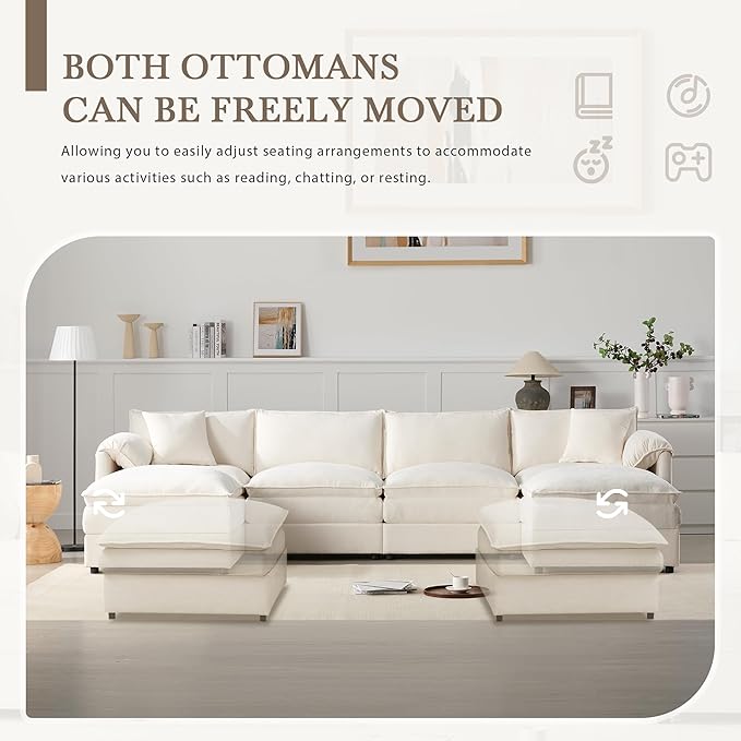 Merax 136" Chenille Modular Sectional Sofa, 6-Seat U-Shaped Oversized Cloud Couch Set, with Double Cushions and Movable Ottomans, Deep & Wide Seating, Cream