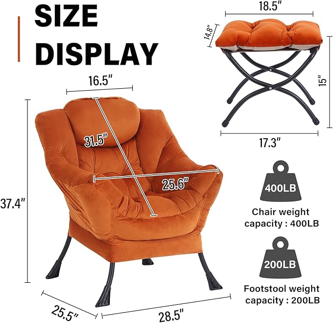 Lazy Chair with Ottoman, Modern Accent Chair Contemporary Sofa Chair with Armrests, Reading Chair and Folding Footstool Set for Living Room, Bedroom, Orange