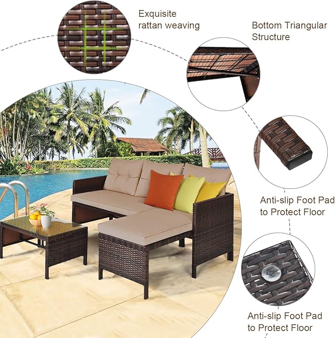 HAPPYGRILL 3-Piece Outdoor Rattan Sectional Sofa Set Patio Wicker Rattan Conversation Furniture Set, Steel Frame & Seat Cushion, Perfect for Garden Lawn Pool Backyard