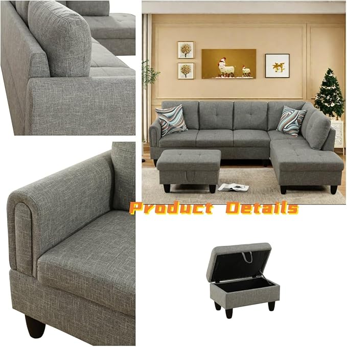 FONTOI L Shaped Sectional Couch with Otttoman, 97" Sectional Sofa for Living Room Flannel Modular Couches with Cup Holders for Bedroom, Apartments, Grey