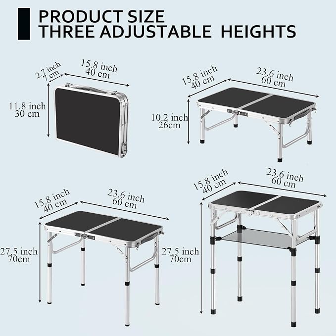 YihuiKo Folding Picnic Table with Storage Net, Black Aluminum Folding Table 23.6" x 15.8", Adjustable Height Max 27.5", Lightweight Portable for Camping Travel Indoor - Image 3