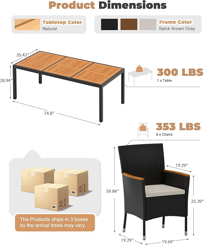 Flamaker 9 Piece Patio Dining Set Outdoor Acacia Wood Table and Chairs with Soft Cushions Wicker Patio Furniture for Deck, Backyard, Garden - Image 7